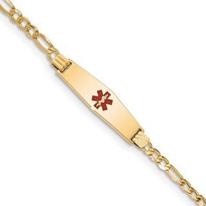 Brand New 14K Medical Semi-Solid Diamond Shape Red Enamel Figaro ID Bracelet